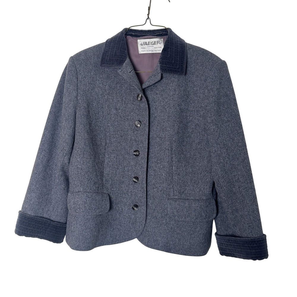 Vintage Jaeger I. Magnin Wool Jacket Grey Velvet‎ Collar Great Britain